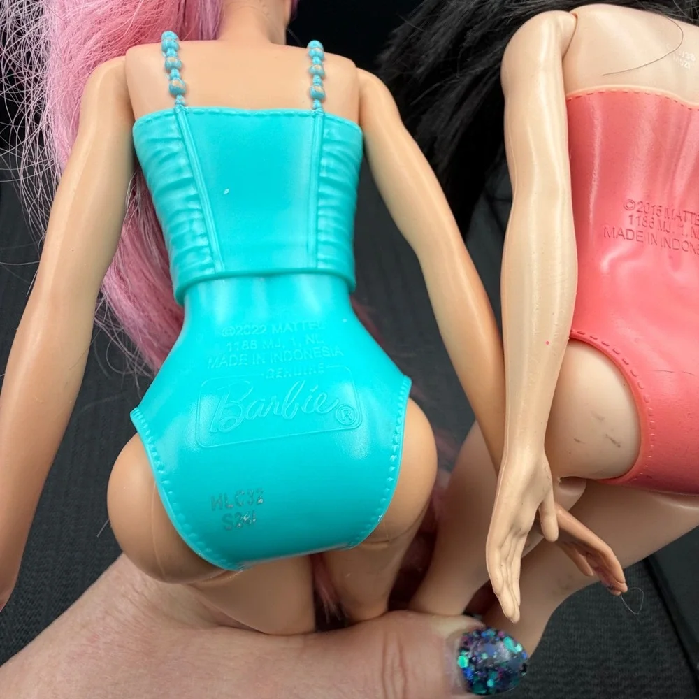 Mattel Barbie Doll Lot of 2 Molded Swimsuit Pink Hair HLC32 Black Hair GHW38